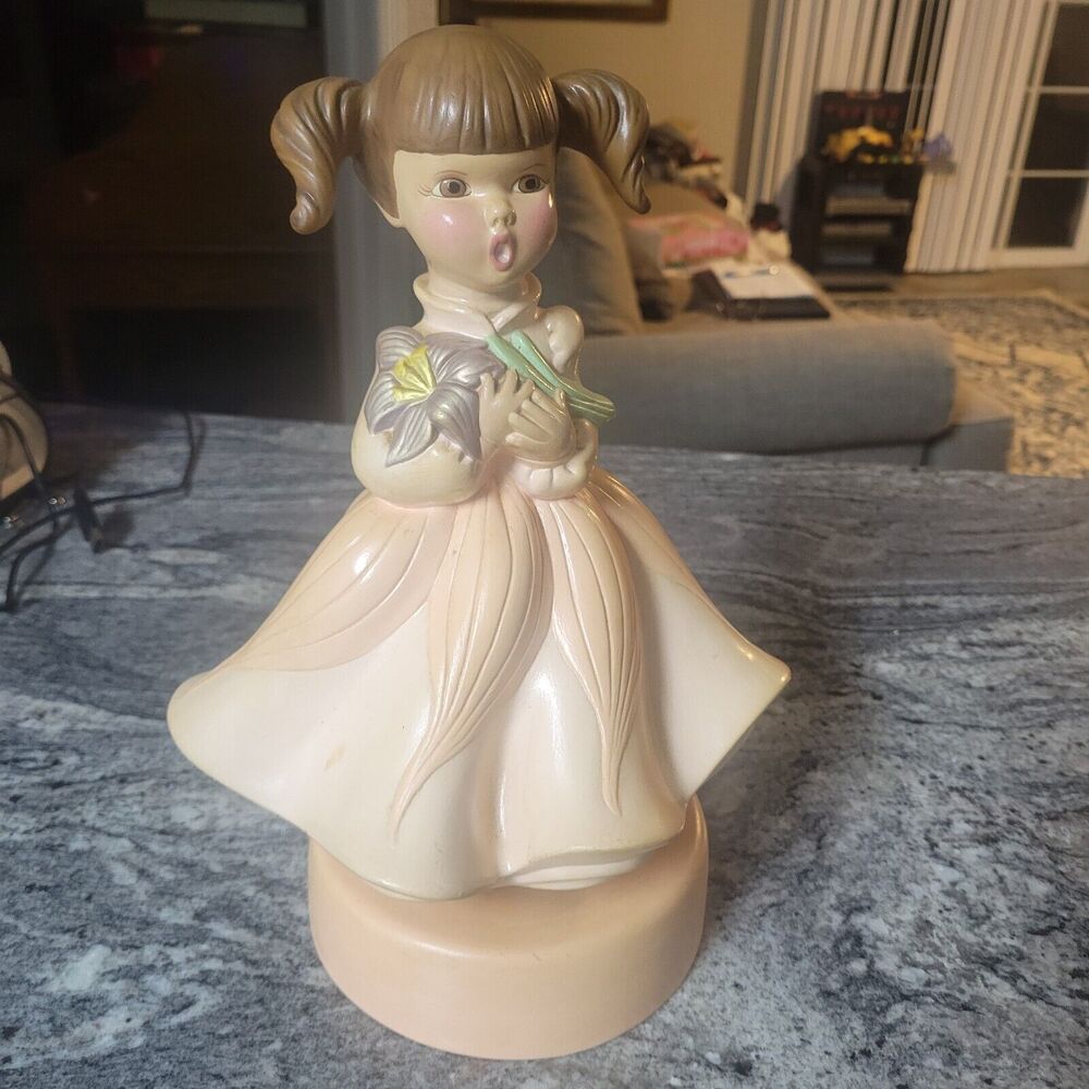 Vintage Atlantic Mold co hand painted girl figure flowers ceramic With Music Box